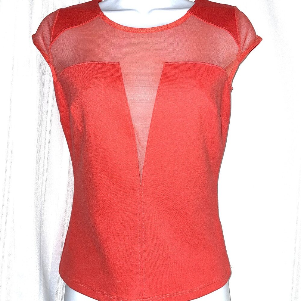 GUESS Size XS Sheer Mesh V Neck, Cap Sleeves, Sexy, Coral New With Tags